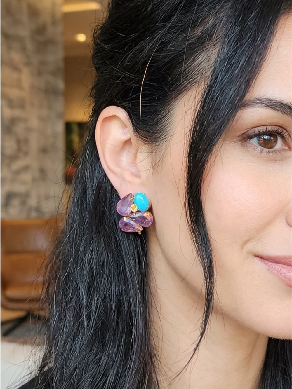 Vibrant Teardrop Clip On Earrings in Turquoise & Amethyst